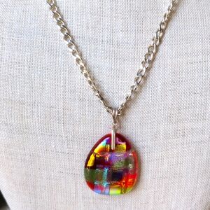 Colorful Diacroic Glass Pendant Necklace Silver Chain 18"+3"